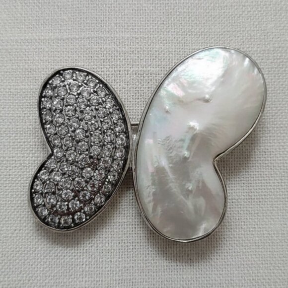 Sparkling Pave & Mother of Pearl Butterfly Brooch MOP Elegant 925 Statement Pin - Picture 1 of 4